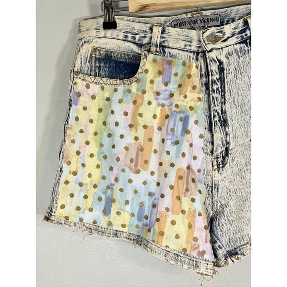Retro Acid Wash Polka Dot Denim Shorts 19 Pastel Jean Patchwork 80s Eclectic 90s - Picture 2 of 16